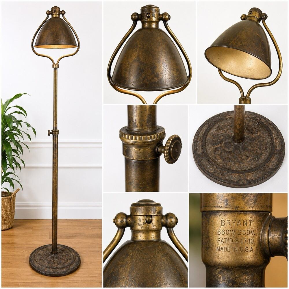 Antique Brass Helmet Shade Floor Lamp Harp Adjustable Industrial Cast Iron Base